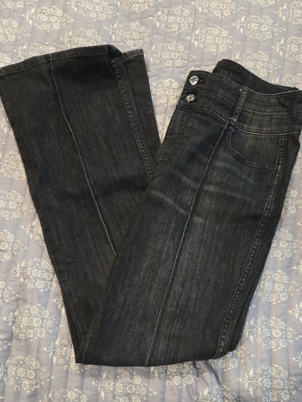 White House Black Market Charcoal Flare Jeans with Double-Button Waist